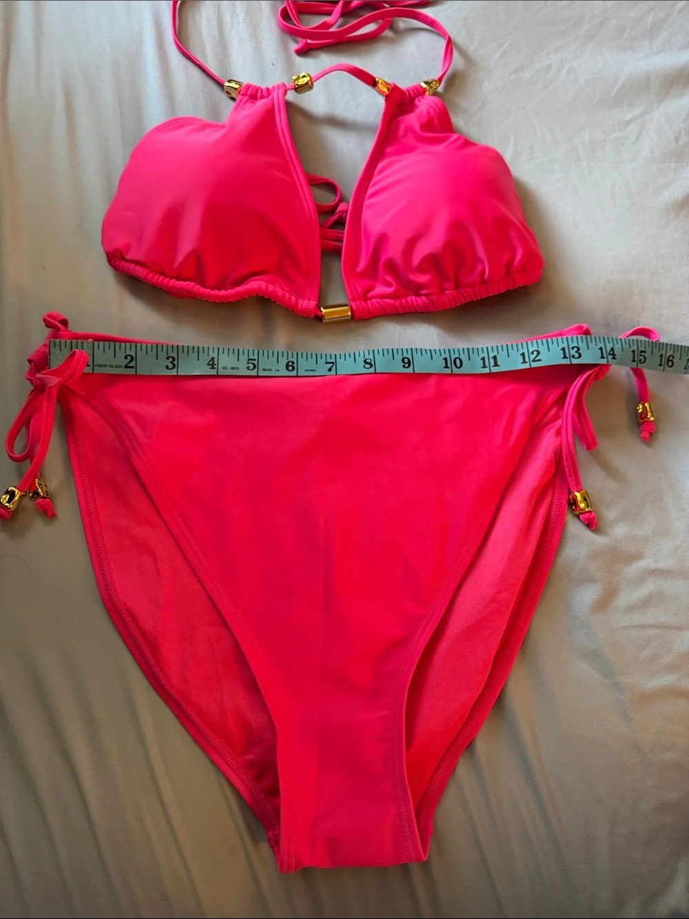 NWT Hot Pink High Waisted Halter Bikini Set with Gold Hardware Size L